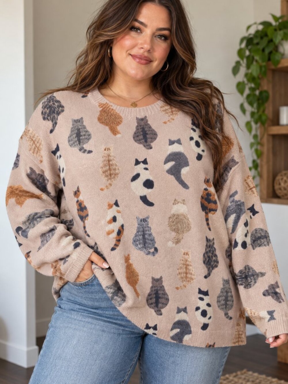 Plus Size XXL Cat Print Knit Sweater Cozy Cottagecore Kawaii Pullover